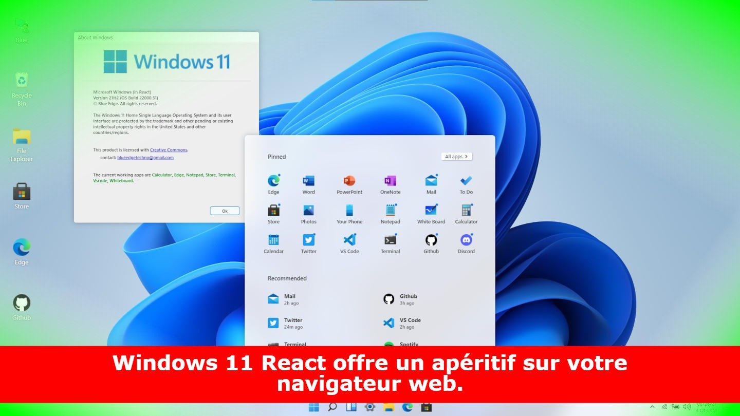 Windows 11 React offre un apéritif sur votre navigateur web.
