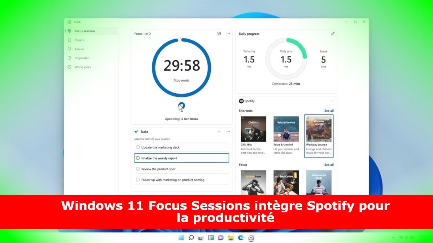 Windows 11 Focus Sessions intègre Spotify pour la productivité