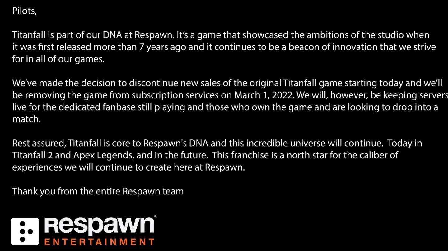 La société Respawn retire Titanfall de la vente et fait de vagues promesses pour l'avenir.