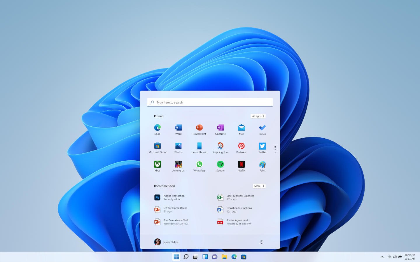 Windows 11 Menu de démarrage de la barre des tâches Retour à l'accueil